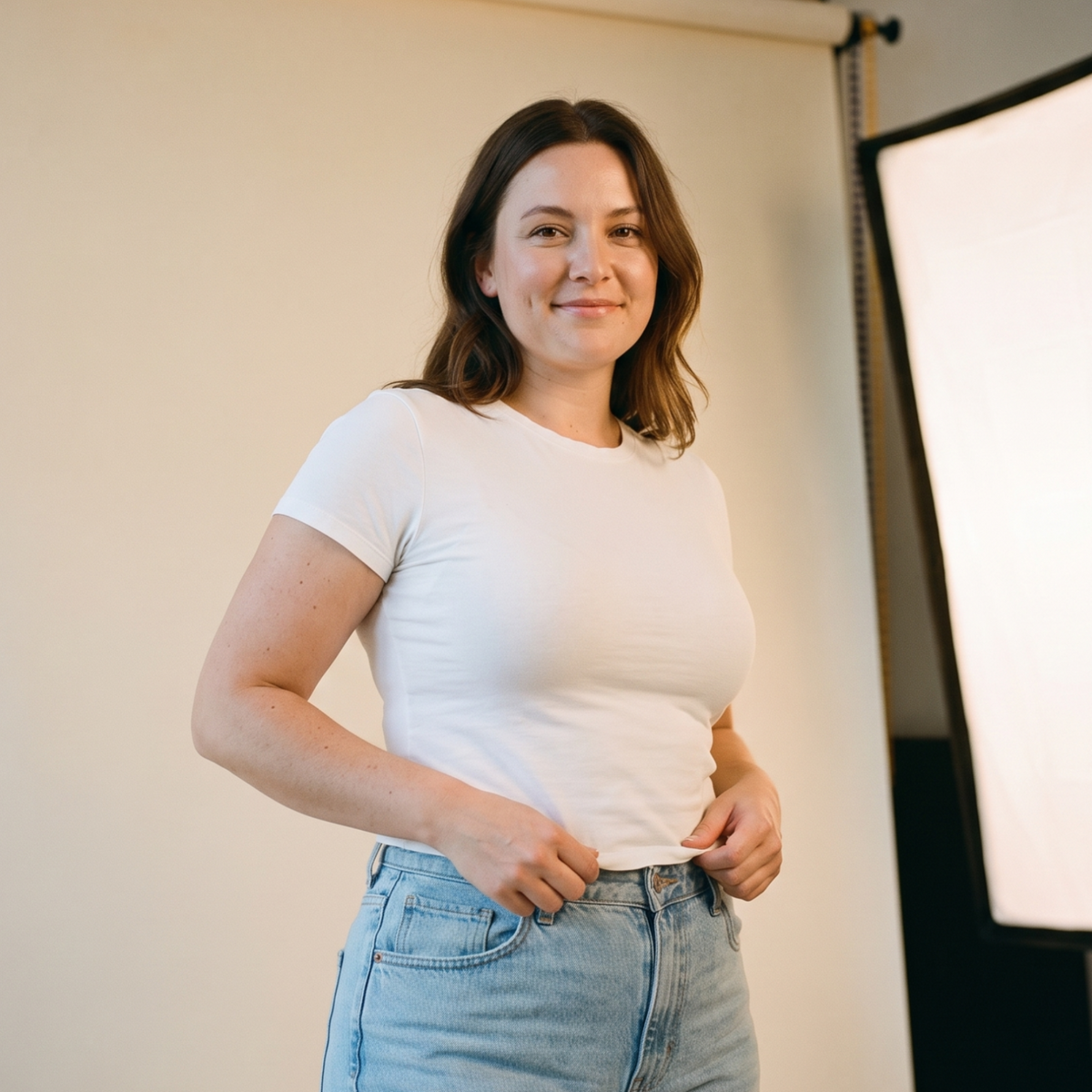 A woman in a fitted white t-shirt