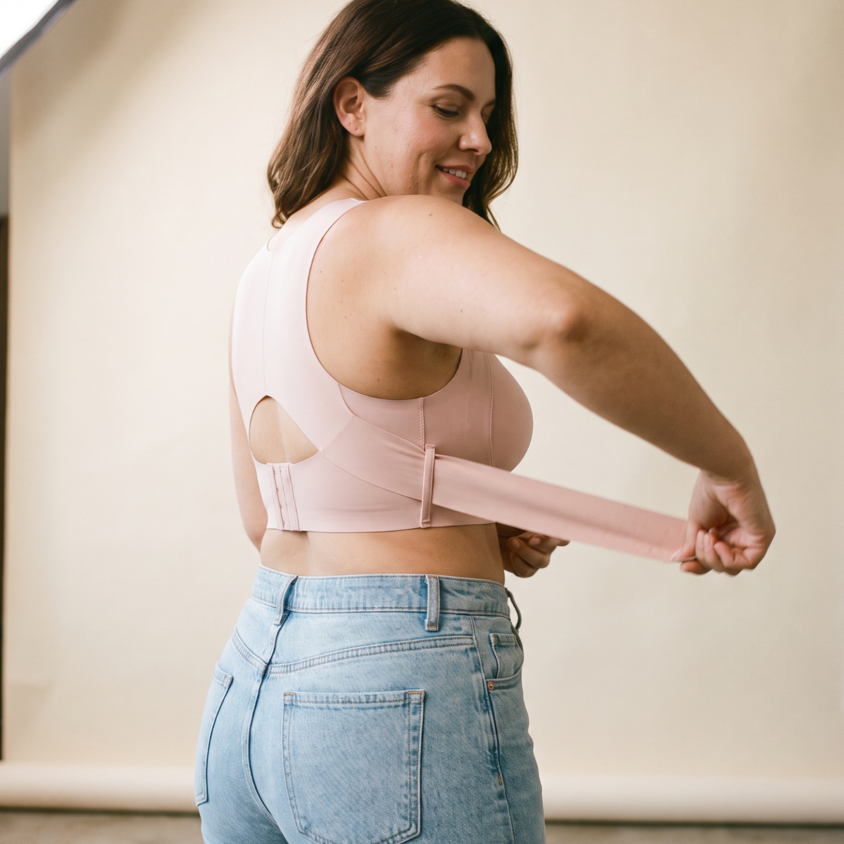 A woman pulling the wrap strap forward to clip it
