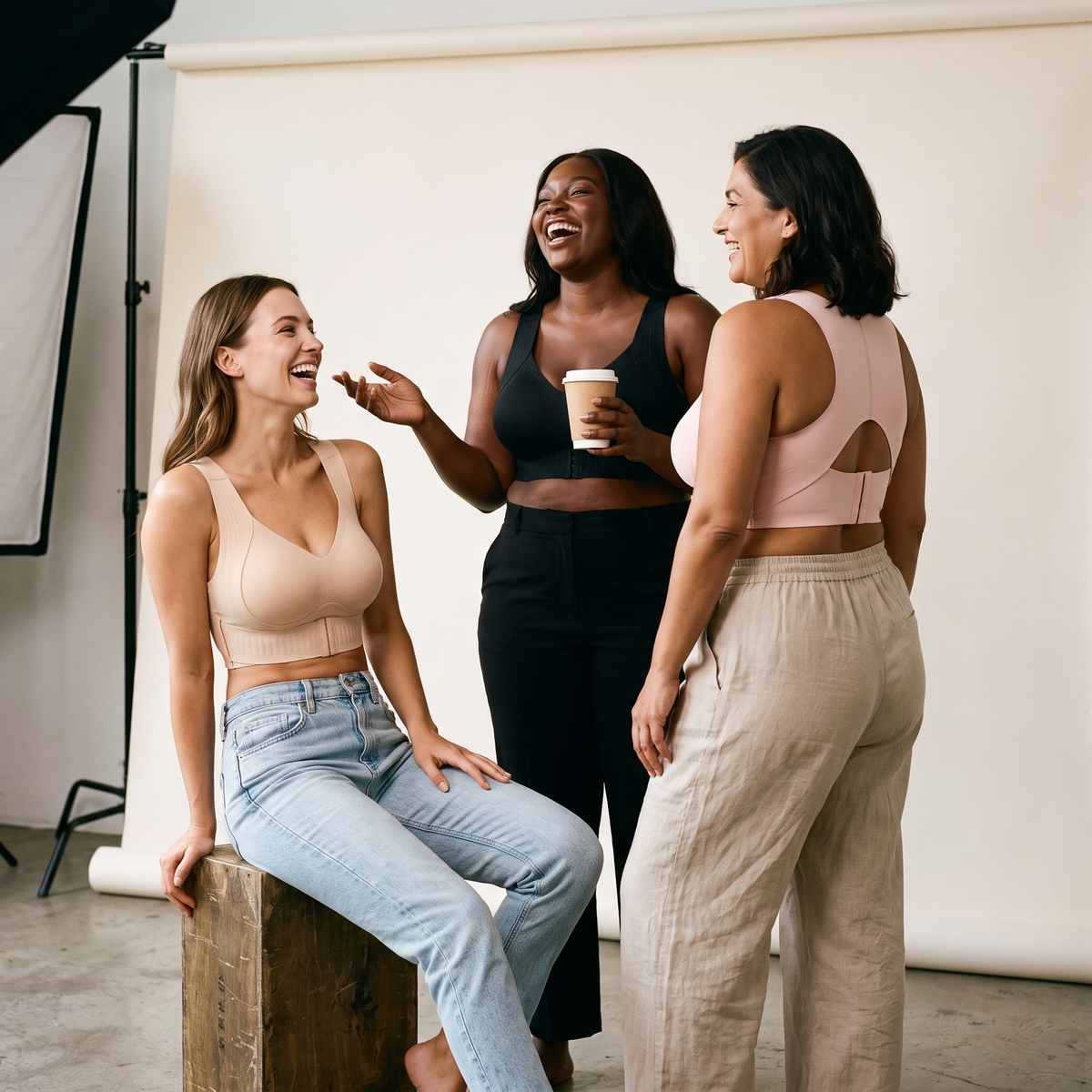 Three women laughing together in the Talora bra in nude, black and blush pink